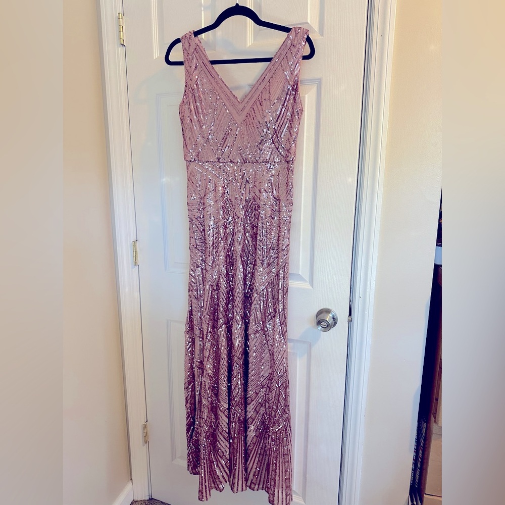 Rose gold nightway full length sequin dress 6p